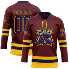 Load image into Gallery viewer, Custom Burgundy Navy-Gold Hockey Lace Neck Jersey