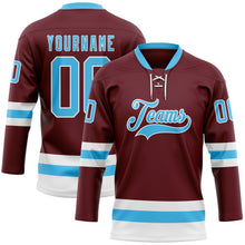 Загрузить изображение в средство просмотра галереи, Custom Burgundy Sky Blue-White Hockey Lace Neck Jersey