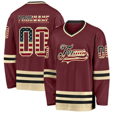 Load image into Gallery viewer, Custom Burgundy Vintage USA Flag Cream-Black Hockey Jersey