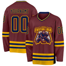 Load image into Gallery viewer, Custom Burgundy Navy-Gold Hockey Jersey