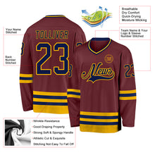 Load image into Gallery viewer, Custom Burgundy Navy-Gold Hockey Jersey