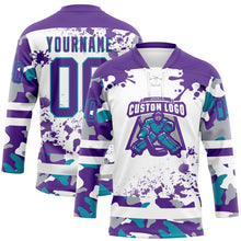 Load image into Gallery viewer, Custom Camo Purple Teal-White Splash Hockey Lace Neck Jersey