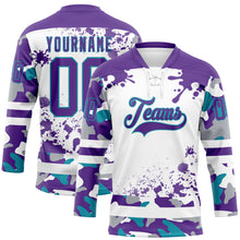 Load image into Gallery viewer, Custom Camo Purple Teal-White Splash Hockey Lace Neck Jersey