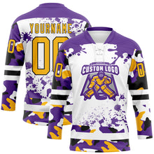Загрузить изображение в средство просмотра галереи, Custom Camo Gold Purple Black-White Splash Hockey Lace Neck Jersey