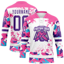 Load image into Gallery viewer, Custom Camo Purple Pink-White Splash Hockey Lace Neck Jersey