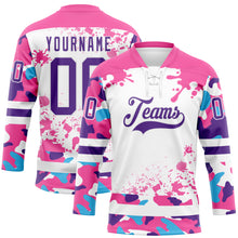 Load image into Gallery viewer, Custom Camo Purple Pink-White Splash Hockey Lace Neck Jersey