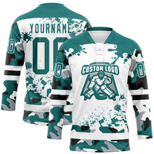 Загрузить изображение в средство просмотра галереи, Custom Camo Teal Black-White Splash Hockey Lace Neck Jersey
