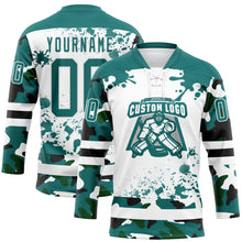 Laden Sie das Bild in den Galerie-Viewer, Custom Camo Teal Black-White Splash Hockey Lace Neck Jersey