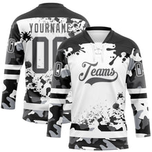 Laden Sie das Bild in den Galerie-Viewer, Custom Camo Steel Gray Black-White Splash Hockey Lace Neck Jersey