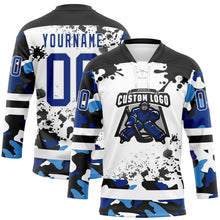 Загрузить изображение в средство просмотра галереи, Custom Camo Royal Black-White Splash Hockey Lace Neck Jersey