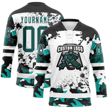 Laden Sie das Bild in den Galerie-Viewer, Custom Camo Midnight Green Black-White Splash Hockey Lace Neck Jersey