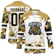 Загрузить изображение в средство просмотра галереи, Custom Camo Black Old Gold-White Splash Hockey Lace Neck Jersey