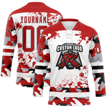 Laden Sie das Bild in den Galerie-Viewer, Custom Camo Red Black Gray-White Splash Hockey Lace Neck Jersey