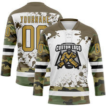 Laden Sie das Bild in den Galerie-Viewer, Custom Camo Old Gold Olive Black-White Splash Hockey Lace Neck Jersey