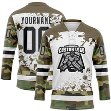 Laden Sie das Bild in den Galerie-Viewer, Custom Camo Black Olive Gray-White Splash Hockey Lace Neck Jersey