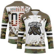 Загрузить изображение в средство просмотра галереи, Custom Camo Vintage USA Flag Olive Black Cream-White Splash Hockey Lace Neck Jersey