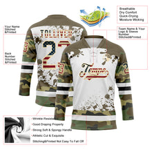 Загрузить изображение в средство просмотра галереи, Custom Camo Vintage USA Flag Olive Black Cream-White Splash Hockey Lace Neck Jersey
