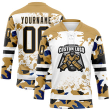 Загрузить изображение в средство просмотра галереи, Custom Camo Black Old Gold-White Splash Hockey Lace Neck Jersey