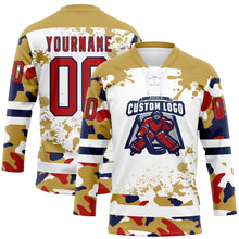 Laden Sie das Bild in den Galerie-Viewer, Custom Camo Red Old Gold Navy-White Splash Hockey Lace Neck Jersey