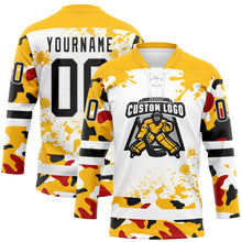 Laden Sie das Bild in den Galerie-Viewer, Custom Camo Black Gold-White Splash Hockey Lace Neck Jersey
