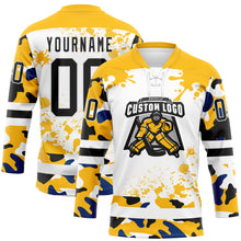 Laden Sie das Bild in den Galerie-Viewer, Custom Camo Black Gold-White Splash Hockey Lace Neck Jersey