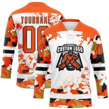 Laden Sie das Bild in den Galerie-Viewer, Custom Camo Orange Black-White Splash Hockey Lace Neck Jersey