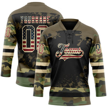 Загрузить изображение в средство просмотра галереи, Custom Camo Vintage USA Flag Olive Black-Cream Splash Hockey Lace Neck Jersey