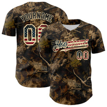 Загрузить изображение в средство просмотра галереи, Custom Camo Vintage USA Flag Cream-Black Woodland Forest Tactical Camouflage Outdoor Leaf Authentic Baseball Jersey