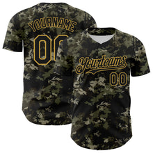 Charger l'image dans la galerie, Custom Camo Black-Old Gold Woodland Forest Tactical Camouflage Outdoor Leaf Authentic Baseball Jersey