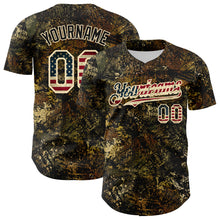 Загрузить изображение в средство просмотра галереи, Custom Camo Vintage USA Flag Cream-Black Woodland Forest Tactical Camouflage Outdoor Leaf Authentic Baseball Jersey