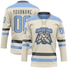 Load image into Gallery viewer, Custom Cream Light Blue-Steel Gray Hockey Lace Neck Jersey