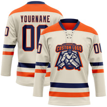 Laden Sie das Bild in den Galerie-Viewer, Custom Cream Navy-Orange Hockey Lace Neck Jersey