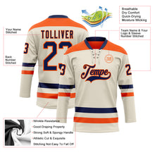 Laden Sie das Bild in den Galerie-Viewer, Custom Cream Navy-Orange Hockey Lace Neck Jersey