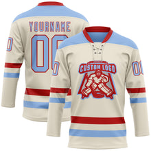 Load image into Gallery viewer, Custom Cream Light Blue-Red Hockey Lace Neck Jersey