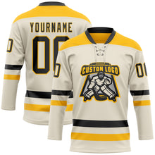 Laden Sie das Bild in den Galerie-Viewer, Custom Cream Black-Gold Hockey Lace Neck Jersey