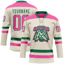 Laden Sie das Bild in den Galerie-Viewer, Custom Cream Pink-Kelly Green Hockey Lace Neck Jersey