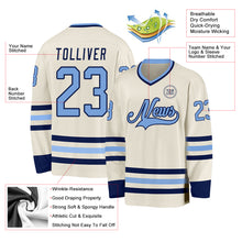 Load image into Gallery viewer, Custom Cream Light Blue-Navy Hockey Jersey