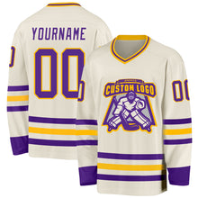 Laden Sie das Bild in den Galerie-Viewer, Custom Cream Purple-Gold Hockey Jersey