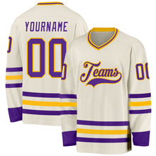 Laden Sie das Bild in den Galerie-Viewer, Custom Cream Purple-Gold Hockey Jersey