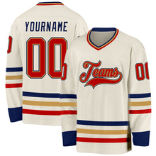 Load image into Gallery viewer, Custom Cream Red Old Gold-Navy Hockey Jersey