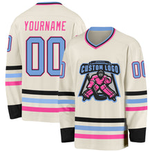 Laden Sie das Bild in den Galerie-Viewer, Custom Cream Light Blue Black-Pink Hockey Jersey