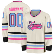 Laden Sie das Bild in den Galerie-Viewer, Custom Cream Light Blue Black-Pink Hockey Jersey