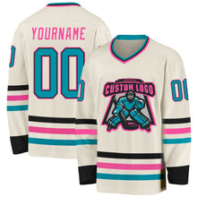 Laden Sie das Bild in den Galerie-Viewer, Custom Cream Teal Black-Pink Hockey Jersey