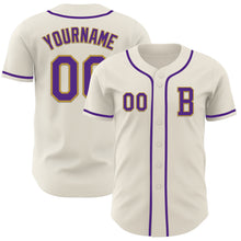 Laden Sie das Bild in den Galerie-Viewer, Custom Cream Purple-Old Gold Authentic Baseball Jersey