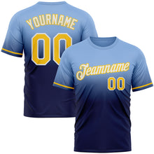Load image into Gallery viewer, Custom Light Blue Yellow-Navy Fade Fashion Performance T-Shirt