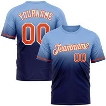 Load image into Gallery viewer, Custom Light Blue Orange-Navy Fade Fashion Performance T-Shirt