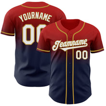 Laden Sie das Bild in den Galerie-Viewer, Custom Red Navy-Old Gold Authentic Fade Fashion Baseball Jersey