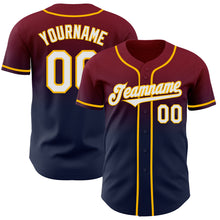 Load image into Gallery viewer, Custom Crimson Navy-Gold Authentic Fade Fashion Baseball Jersey