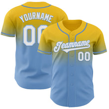 Laden Sie das Bild in den Galerie-Viewer, Custom Yellow White-Light Blue Authentic Fade Fashion Baseball Jersey