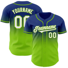 Laden Sie das Bild in den Galerie-Viewer, Custom Royal White-Neon Green Authentic Fade Fashion Baseball Jersey